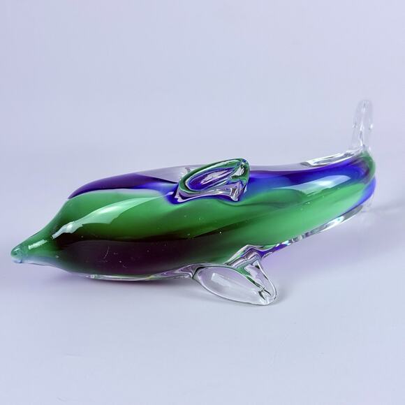 VTG Murano Style Sommerso Art Glass Dolphin Figurine Blue Green Paperweight 5” - Picture 6 of 10